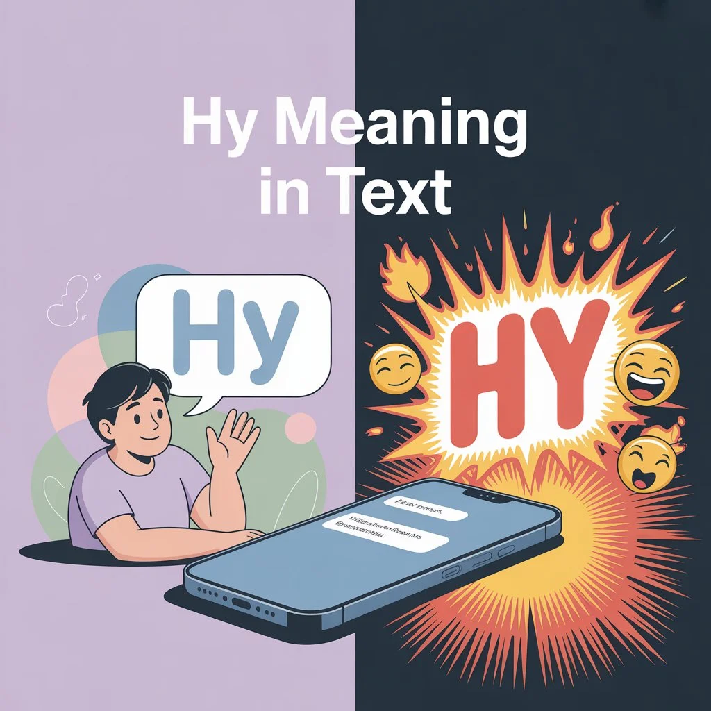Split illustration showing two meanings of “HY” in text: one side as a friendly “hi” greeting and the other as an excited “hell yes,” with a smartphone connecting both interpretations.