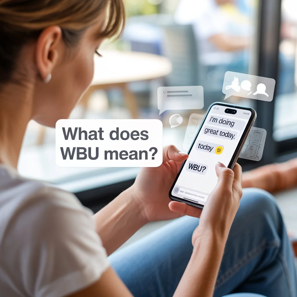 Close-up of a person holding a smartphone showing a chat message with “WBU” highlighted, representing the texting meaning of “What About You” in a casual conversation.