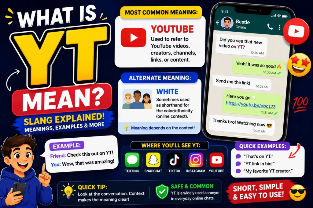 Bright infographic-style featured image explaining “What Is YT Mean?” in texting slang, showing the main meaning “YouTube,” an alternate meaning “White,” realistic chat examples on a smartphone screen, social media icons, and expressive cartoon characters reacting to online conversations.