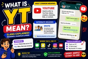 Bright infographic-style featured image explaining “What Is YT Mean?” in texting slang, showing the main meaning “YouTube,” an alternate meaning “White,” realistic chat examples on a smartphone screen, social media icons, and expressive cartoon characters reacting to online conversations.