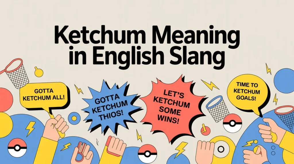 Featured image for “Ketchum Meaning in English Slang” with bold black typography, colorful comic-style speech bubbles saying “Gotta Ketchum All” and “Let’s Ketchum Some Wins,” plus playful gaming-inspired icons and energetic cartoon graphics representing meme culture, collecting, and internet slang humor.