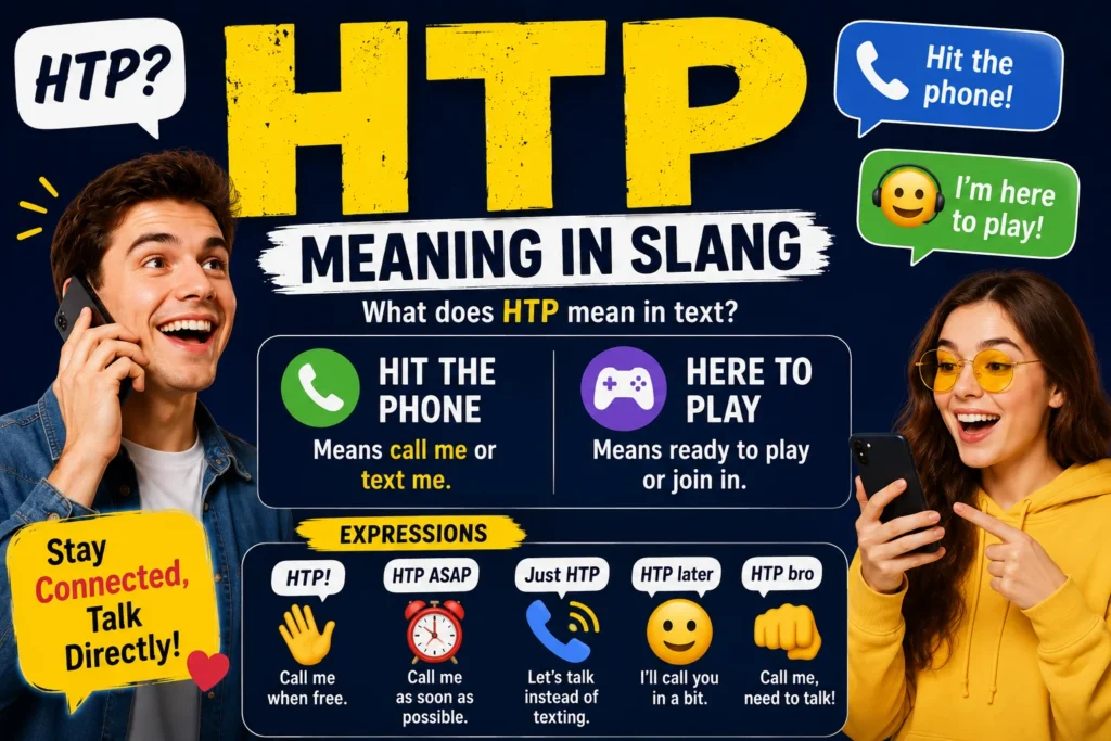 Featured image showing the slang term “HTP” in bold text with its meanings “Hit The Phone” and “Here To Play,” alongside expressive characters using smartphones, reacting with excitement, urgency, and playful energy in a modern social media style.