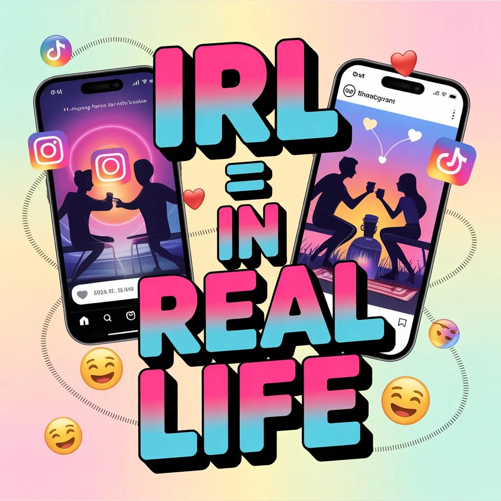 "IRL = In Real Life" and incorporate relevant emojis, like a phone, a globe, or a handshake, to highlight the contrast between online and offline experiences.
