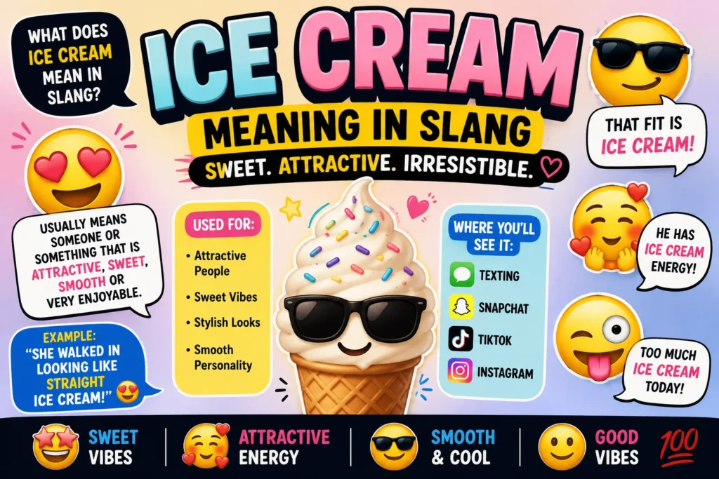 Featured image showing the slang phrase “Ice Cream Meaning in Slang” in bold colorful text, with smiling emoji expressions, a cool ice cream cone character wearing sunglasses, and playful reactions representing sweetness, attractiveness, smooth personality, and trendy social media vibes.