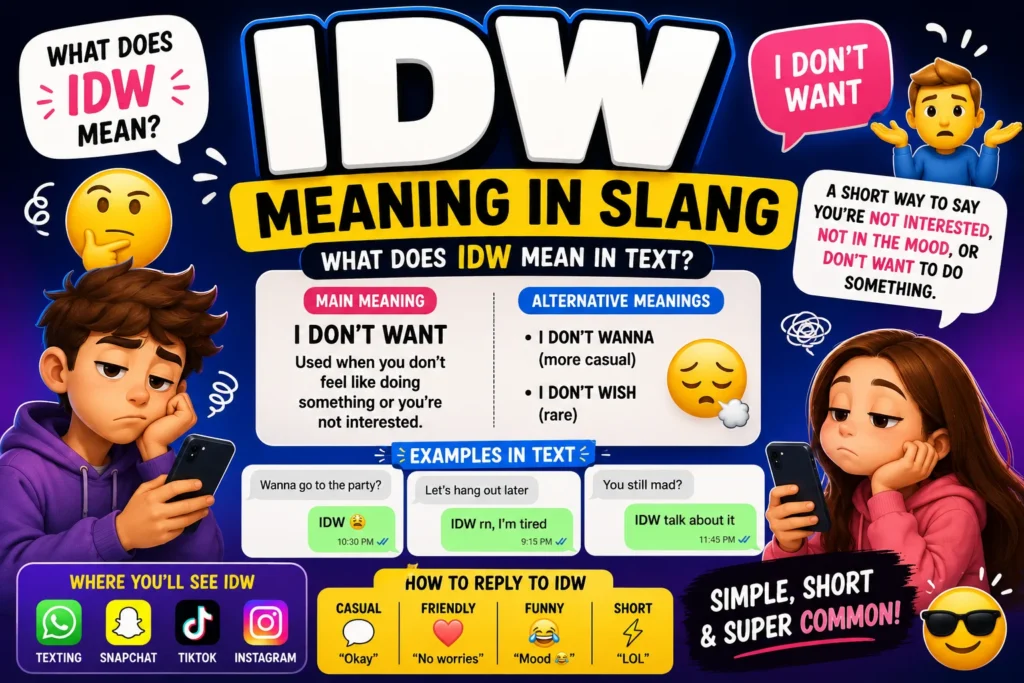 Featured image showing the slang term “IDW Meaning in Slang” in bold text, with expressive cartoon characters looking tired, uninterested, and unmotivated while using smartphones. The image includes the meaning “I Don’t Want,” chat-style examples, emoji reactions, and social media icons representing texting, Snapchat, TikTok, and Instagram slang usage.