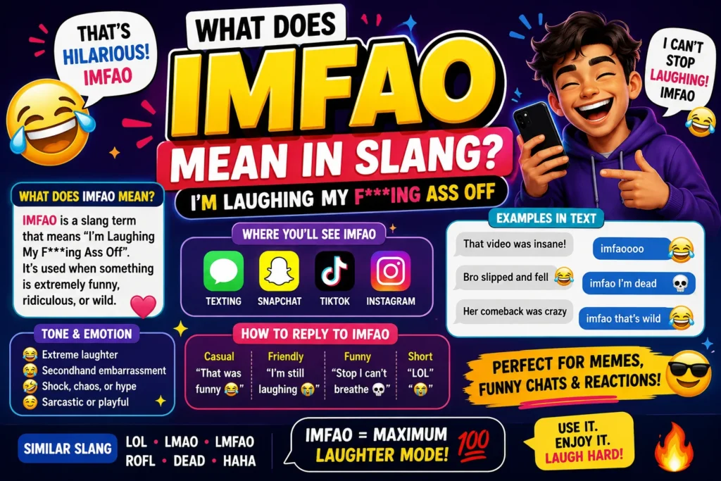 Featured image showing the slang term “IMFAO” in bold colorful text with laughing emoji expressions and a smiling character holding a smartphone. The design highlights the meaning “I’m Laughing My F***ing Ass Off” with a fun social media style inspired by texting, TikTok, Snapchat, and meme culture.