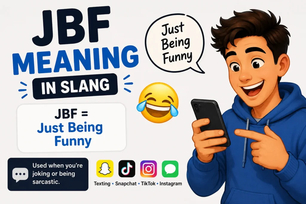 Featured image showing the phrase “JBF Meaning in Slang” in bold blue text with a smiling cartoon character holding a smartphone. The image includes the meaning “Just Being Funny,” a laughing emoji, and social media icons for Snapchat, TikTok, Instagram, and texting to represent playful online conversations and sarcasm.