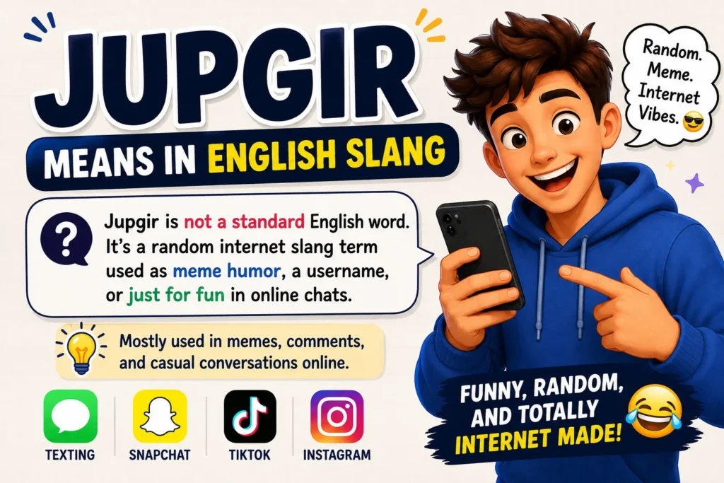 Featured image for “Jupgir Meaning in English Slang” showing bold modern text with playful meme-style expressions, confused and laughing emoji faces, and cartoon characters using smartphones. The design represents random internet slang, TikTok humor, texting culture, and viral online conversations in a colorful social media-inspired layout.