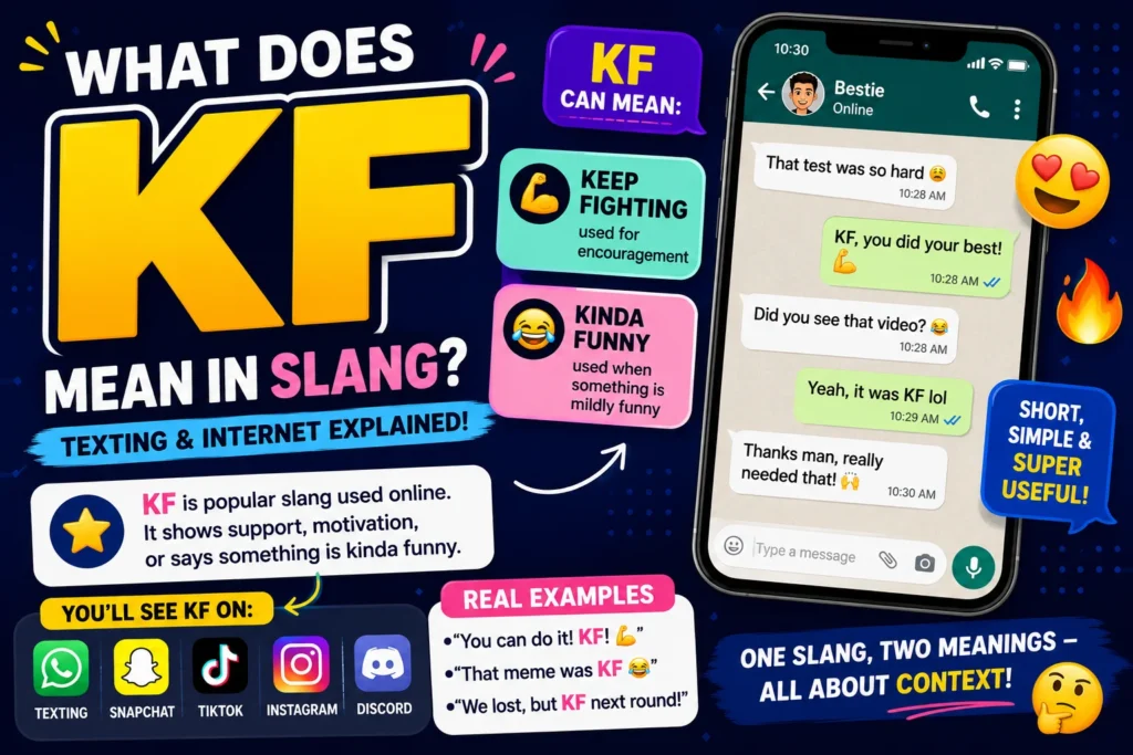 Colorful featured image explaining “KF meaning in slang” with bold yellow KF text, chat message examples, emojis, smartphone conversation mockups, and meanings like “Keep Fighting” and “Kinda Funny” for texting and social media use.