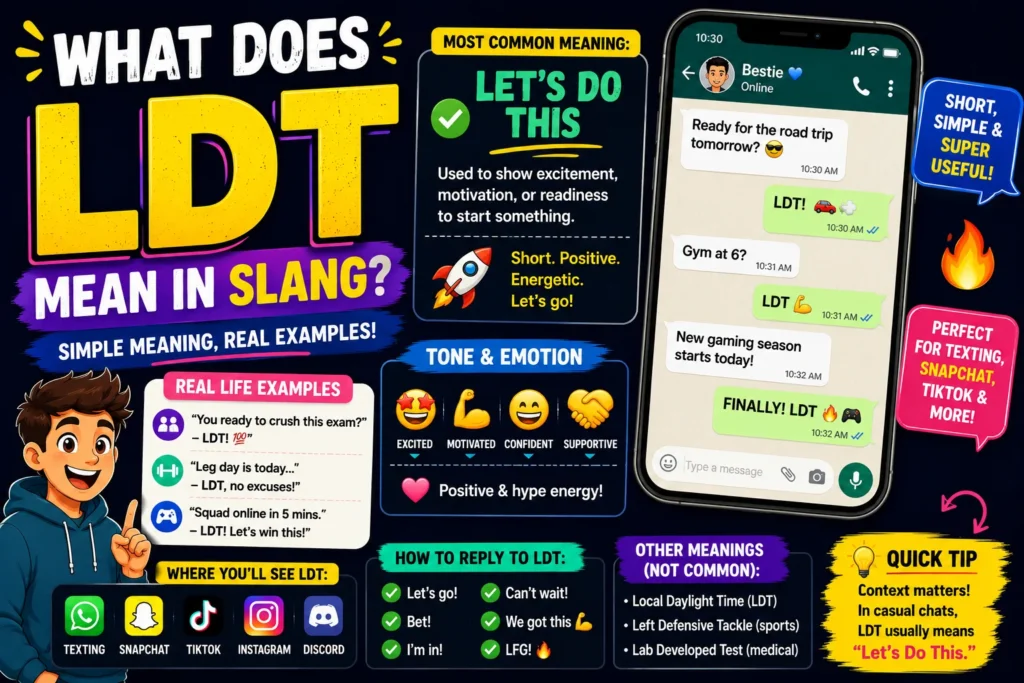 Colorful featured image explaining “LDT” slang meaning with bold text, texting examples, emoji reactions, smartphone chat bubbles, and social media icons representing “Let’s Do This” in online conversations.