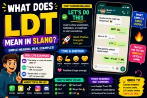 Colorful featured image explaining “LDT” slang meaning with bold text, texting examples, emoji reactions, smartphone chat bubbles, and social media icons representing “Let’s Do This” in online conversations.