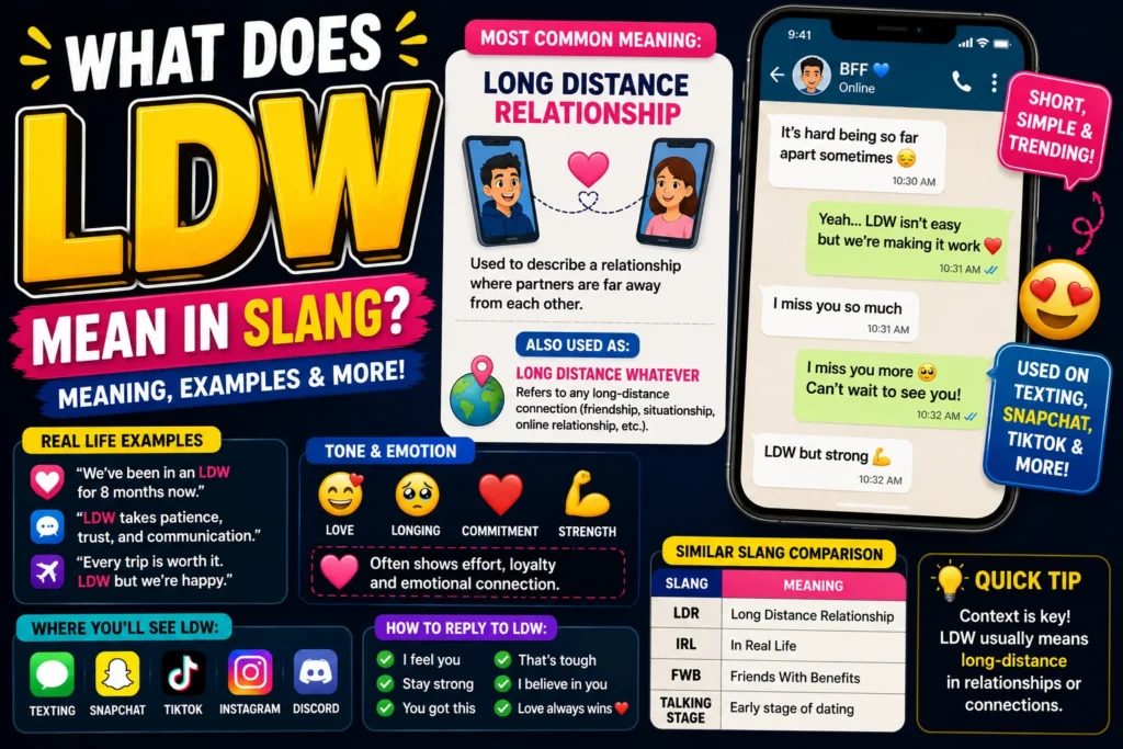 “Colorful featured image explaining ‘LDW meaning in slang’ with bold text, chat examples, emojis, and smartphone messaging graphics showing long-distance relationship conversations on Snapchat, TikTok, and texting apps.”