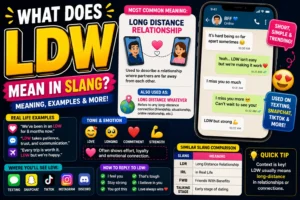 “Colorful featured image explaining ‘LDW meaning in slang’ with bold text, chat examples, emojis, and smartphone messaging graphics showing long-distance relationship conversations on Snapchat, TikTok, and texting apps.”
