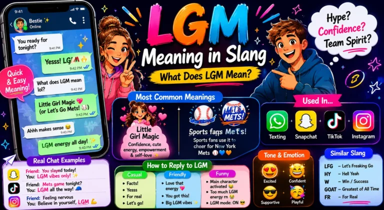 “LGM Meaning Slang” featured image showing bold colorful text with chat-style speech bubbles, social media icons, and expressive emoji reactions representing texting slang and online conversations.