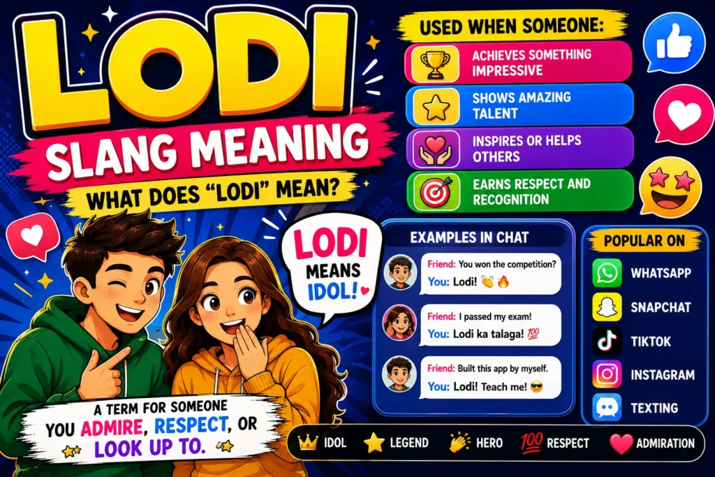 Lodi slang meaning explained with a confused cartoon character, bold “LODI” text, and expressive reaction icons showing teasing, joking, and playful online conversation contexts.