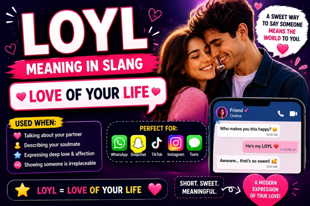 LOYL meaning slang infographic showing the abbreviation LOYL standing for “Love Of Your Life,” featuring a happy couple, heart icons, text message examples, and social media platforms like WhatsApp, Snapchat, TikTok, and Instagram to explain the popular texting slang.