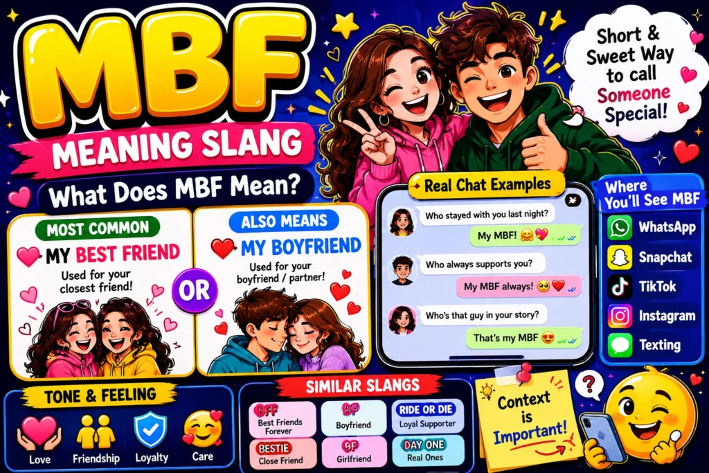 MBF meaning slang infographic showing the meanings of MBF as “My Best Friend” and “My Boyfriend,” with texting examples, social media icons, and a friendly couple using a smartphone.