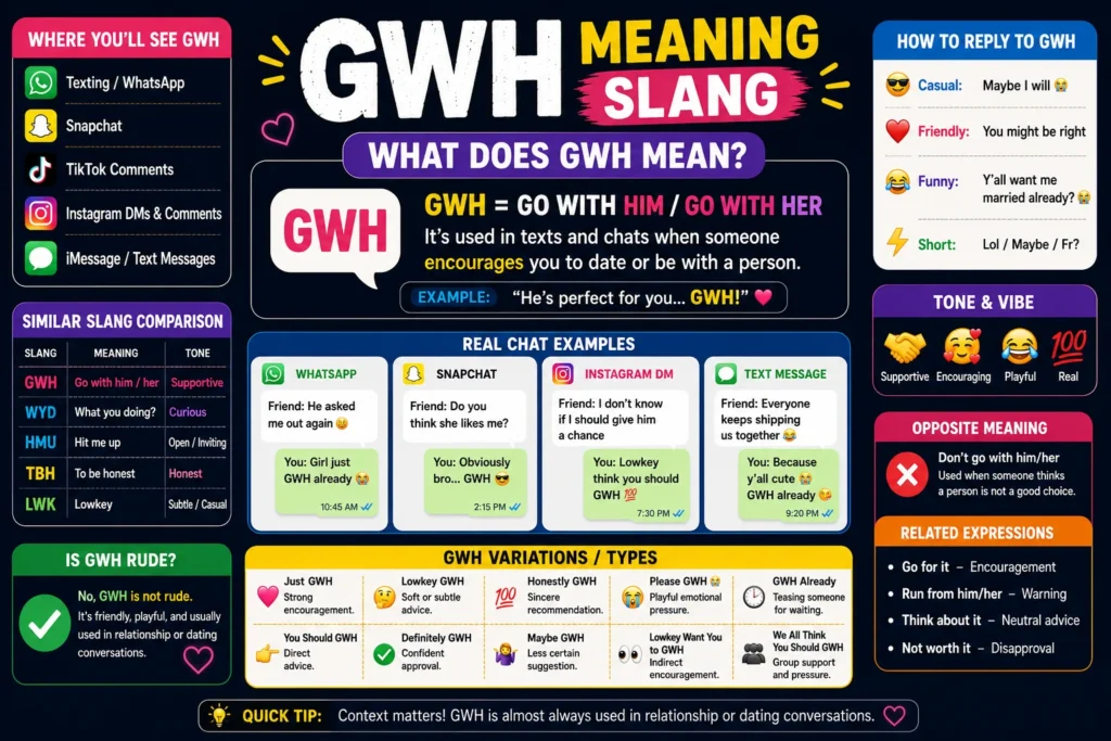 Clean colorful infographic explaining “GWH meaning slang,” featuring large bold text with “GWH = Go With Him/Her,” surrounded by chat bubbles, heart icons, and social media-style elements for easy reading and modern texting context.