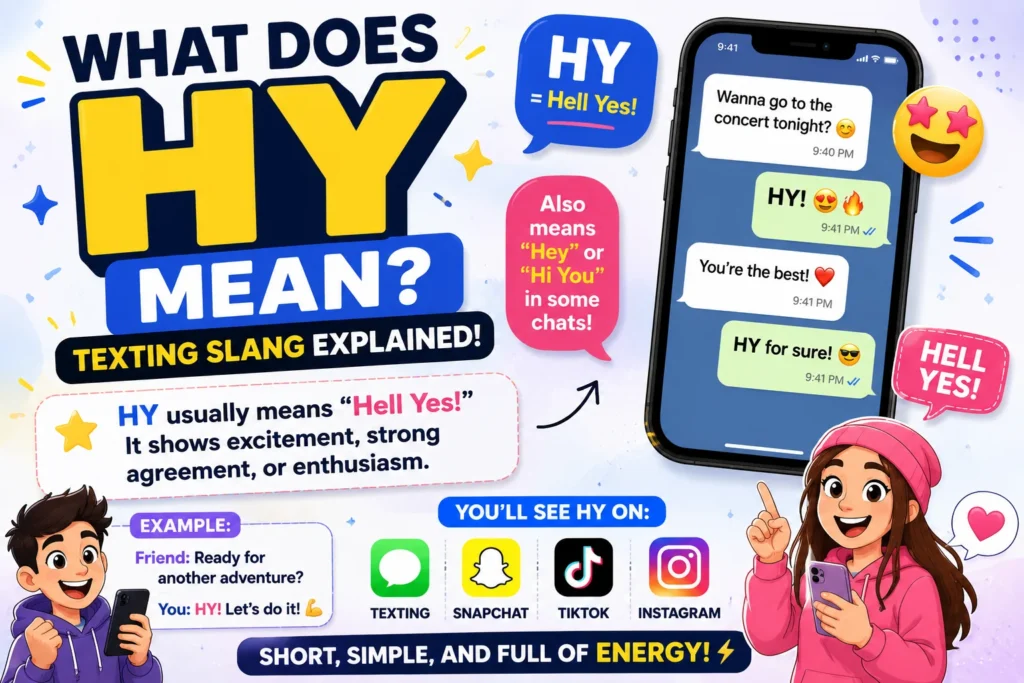 Featured image for “What Does HY Mean?” showing bold yellow “HY” text with chat bubbles explaining “Hell Yes,” smiling cartoon characters holding phones, social media icons, emojis, and colorful texting conversation examples representing excitement and casual online slang.