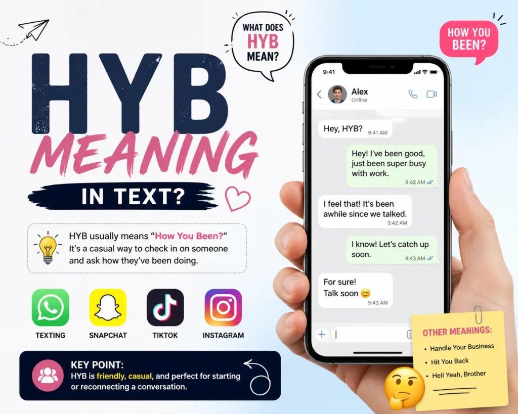 Infographic explaining the meaning of HYB in text, showing a phone conversation with the message "Hey, HYB?" and responses. Includes social media icons for WhatsApp, Snapchat, TikTok, and Instagram. Highlights the meaning "How You Been?" and its casual, friendly tone. Also lists other meanings like "Handle Your Business" and "Hit You Back."
