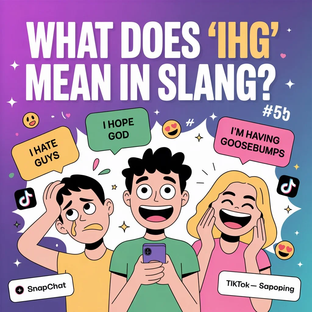 Featured image with the title “What Does ‘IHG’ Mean in Slang?” showing colorful cartoon characters reacting with different emotions while using smartphones. Speech bubbles display possible meanings like “I Hate Guys,” “I Hope God,” and “I’m Having Goosebumps,” alongside Snapchat and TikTok icons, emojis, and expressive social media-style visuals.