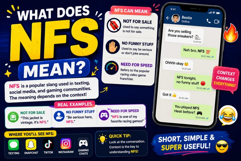 Colorful featured image explaining “What’s NFS Mean?” in slang, showing bold NFS text with meanings like “No Funny Stuff” and “Not For Sale,” plus expressive cartoon characters reacting with playful, serious, and confused emotions for texting and social media context.