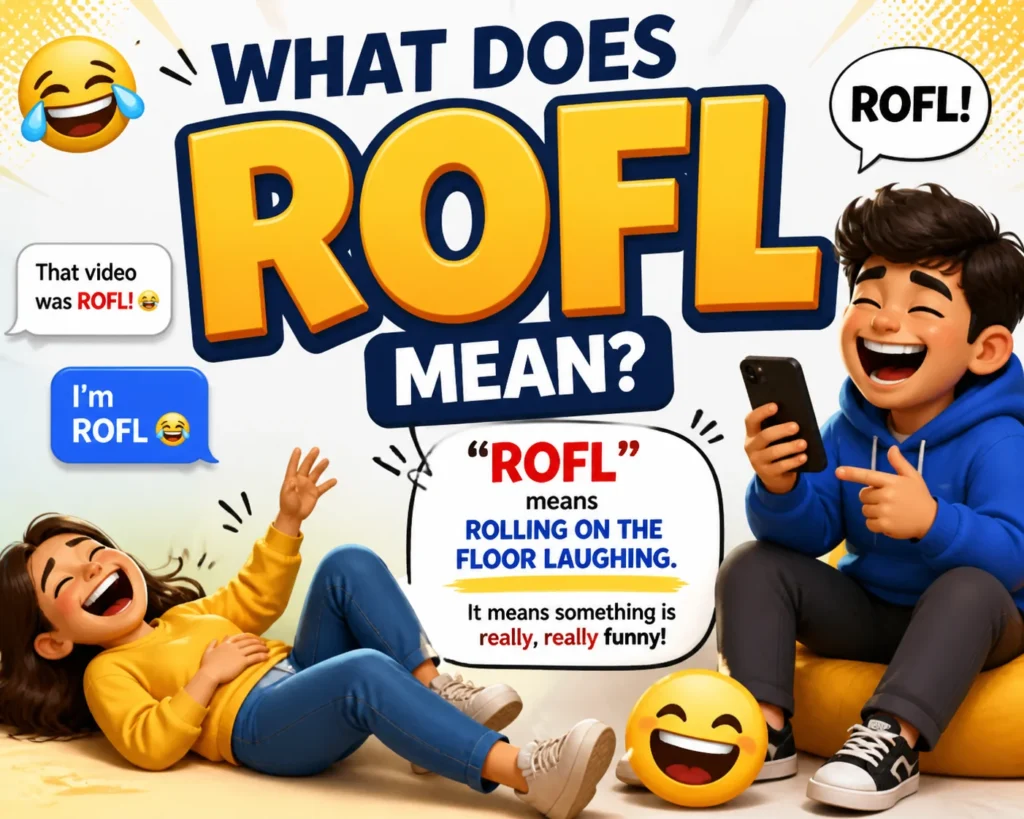 Colorful and playful infographic explaining the meaning of "ROFL" with cartoon characters laughing, speech bubbles, and emojis, showing it stands for "Rolling On the Floor Laughing."