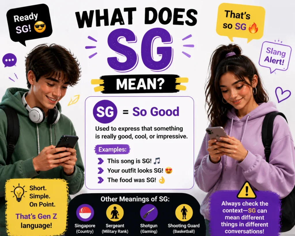 A vibrant infographic explaining the slang term "SG," meaning "So Good." It features two young people, one with headphones and the other with a backpack, both texting and expressing excitement. Examples of SG usage like "This song is SG!" and "Your outfit looks SG!" are included, along with other meanings of SG (Singapore, Sergeant, Shotgun).
