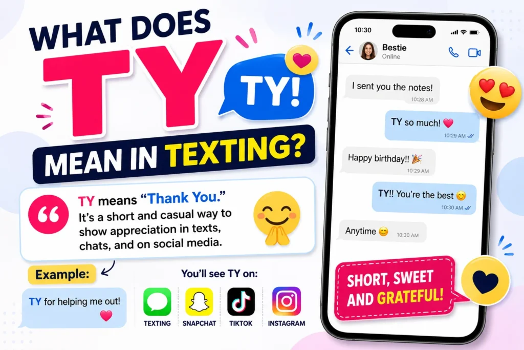 Featured image for “What Does TY Mean in Texting?” showing large bold “TY” text with friendly smiling characters, chat bubbles saying “Thank You,” heart emojis, and a clean modern social media style background representing casual online texting slang.