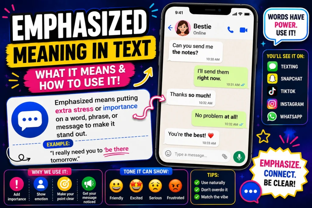 Colorful infographic explaining the emphasized meaning in text messages, featuring a smartphone chat example, bold "Emphasized Meaning in Text" headline, social media icons, communication tips, emotional tone indicators, and examples showing how emphasis adds importance and emotion to digital conversations.