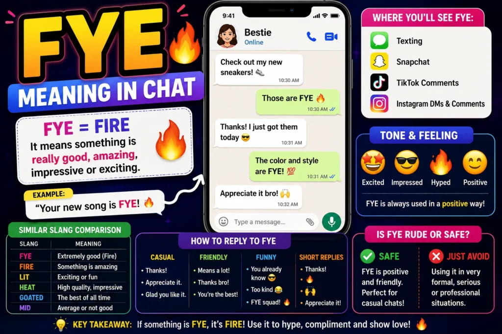 Colorful infographic explaining the meaning of FYE in chat slang, featuring a smartphone conversation, FYE = Fire definition, texting examples, social media platforms, tone guide, slang comparison chart, and response suggestions.
