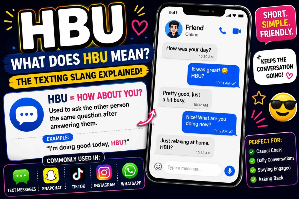 Colorful featured image explaining HBU meaning in texting slang, showing a smartphone chat conversation with “HBU” (How About You?) examples, social media icons, and a guide to using HBU in texts, Snapchat, Instagram, TikTok, and WhatsApp.