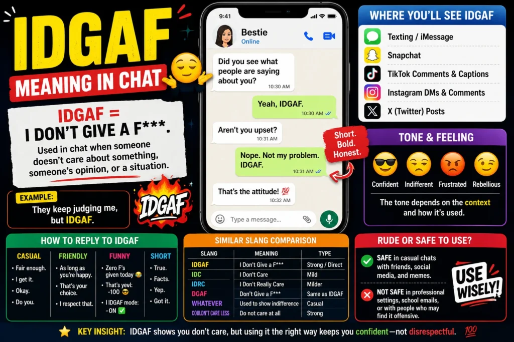 IDGAF meaning in chat infographic showing the slang abbreviation IDGAF (“I Don’t Give a F***”), example text conversations, tone explanations, usage on social media, reply ideas, and similar slang comparisons.