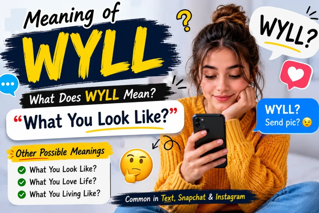 "Meaning of WYLL slang infographic showing a person looking at a smartphone with chat bubbles, WYLL abbreviation, 'What You Look Like?' definition, possible meanings, and curious human expressions commonly seen in texting, Snapchat, Instagram, and social media conversations."