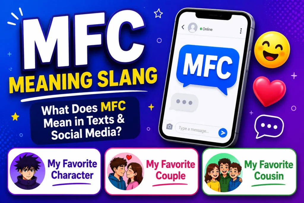 MFC meaning slang featured image showing a smartphone with an MFC chat bubble, alongside the common meanings My Favorite Character, My Favorite Couple, and My Favorite Cousin on a blue and purple gradient background with social media-style icons and emojis.