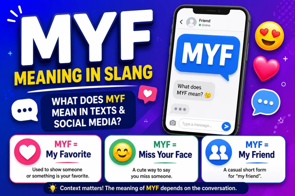 MYF meaning in slang featured image showing a smartphone chat screen with the acronym MYF, colorful messaging icons, and text highlighting common meanings such as "My Favorite," "Miss Your Face," and "My Friend" used in texting and social media conversations.
