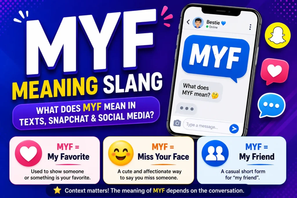 Colorful featured image for a “MYF Meaning Slang” article, showing a modern smartphone chat screen with speech bubbles displaying different interpretations of MYF, including texting and social media slang usage, alongside playful communication-themed icons on a clean background.