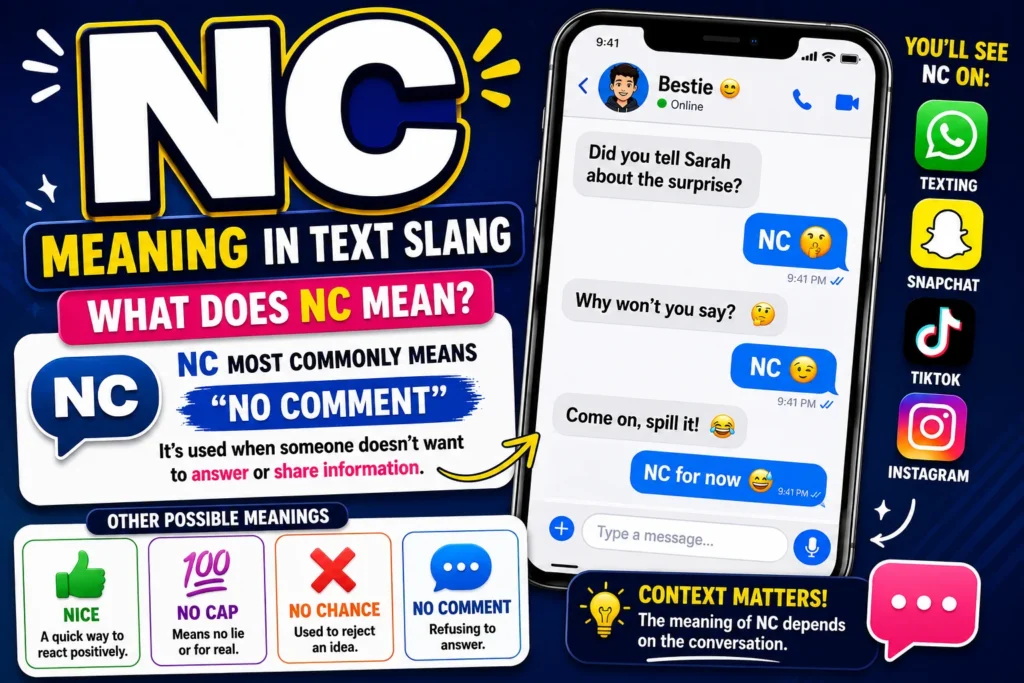 NC meaning in text slang infographic showing a smartphone chat, “No Comment” definition, and other meanings like Nice, No Cap, and No Chance.