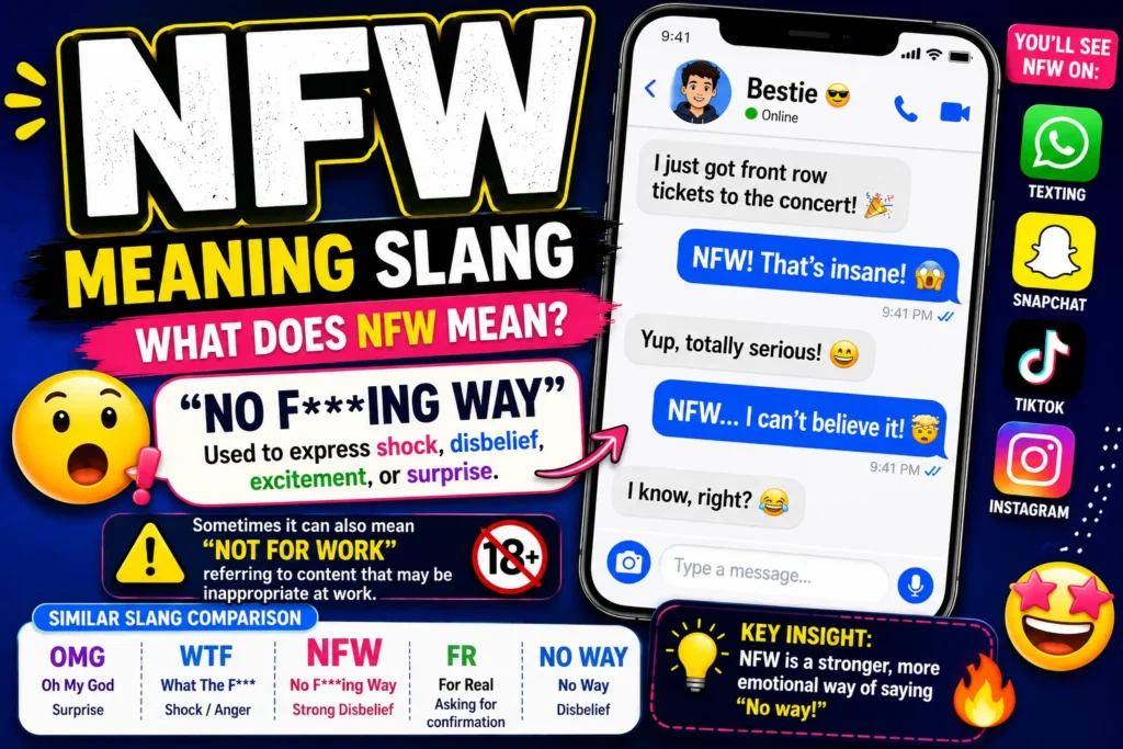 NFW meaning slang featured image showing texting conversations, social media chat bubbles, and reactions illustrating the meaning of NFW (“No F***ing Way”) in online messaging and internet slang.