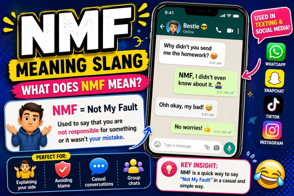 Colorful infographic explaining the slang term NMF, meaning “Not My Fault,” featuring a smartphone chat example, messaging icons, and social media platforms where the abbreviation is commonly used.
