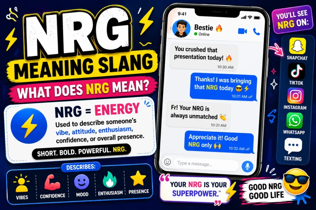 NRG meaning slang infographic explaining that NRG means “energy,” featuring texting examples, chat messages, positive vibes, confidence, enthusiasm, and social media usage on Snapchat, TikTok, Instagram, and WhatsApp.