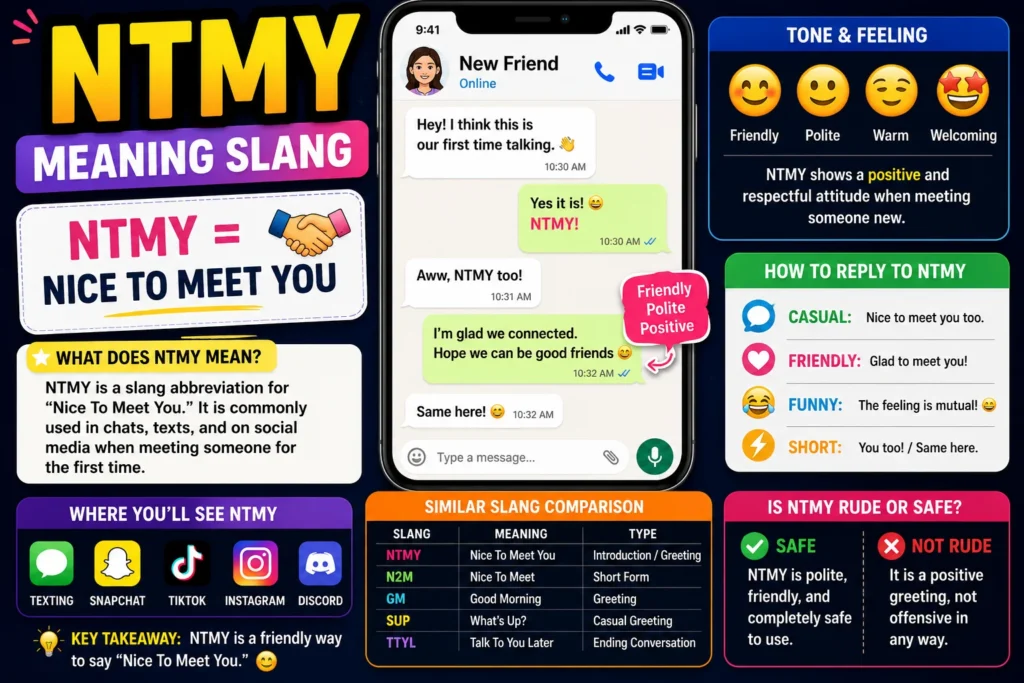 Colorful NTMY meaning slang infographic showing that NTMY stands for “Nice To Meet You,” with text message examples, emotional tone guide, reply suggestions, social media usage, slang comparisons, and a safe-to-use explanation.