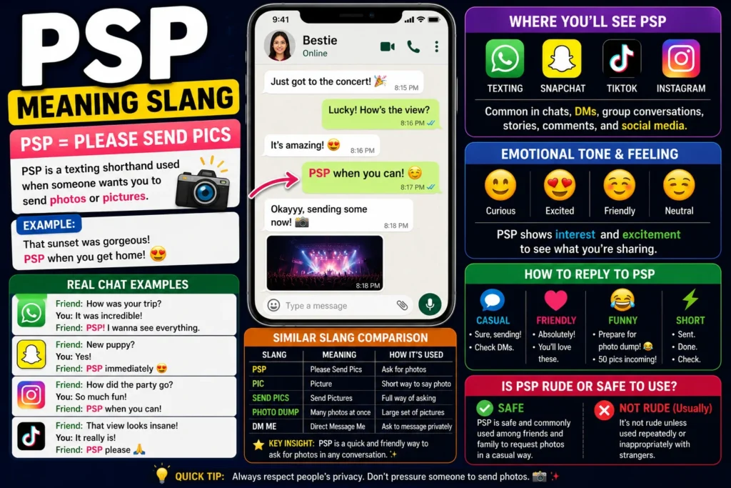 PSP meaning slang infographic showing that PSP stands for “Please Send Pics,” with texting examples, social media usage, emotional tone, reply suggestions, slang comparisons, and guidance on whether PSP is safe or rude to use in chats.