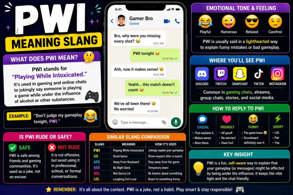 PWI meaning slang infographic showing that PWI stands for “Playing While Intoxicated,” with gaming chat examples, emotional tone, safe usage tips, similar slang comparisons, and social media platforms where the term is commonly used.