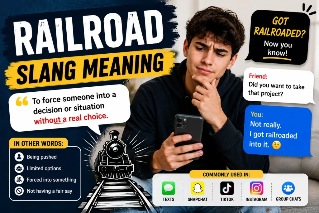 "Railroad slang meaning explained with a person using a phone, chat examples, and the definition of being pressured into a decision."