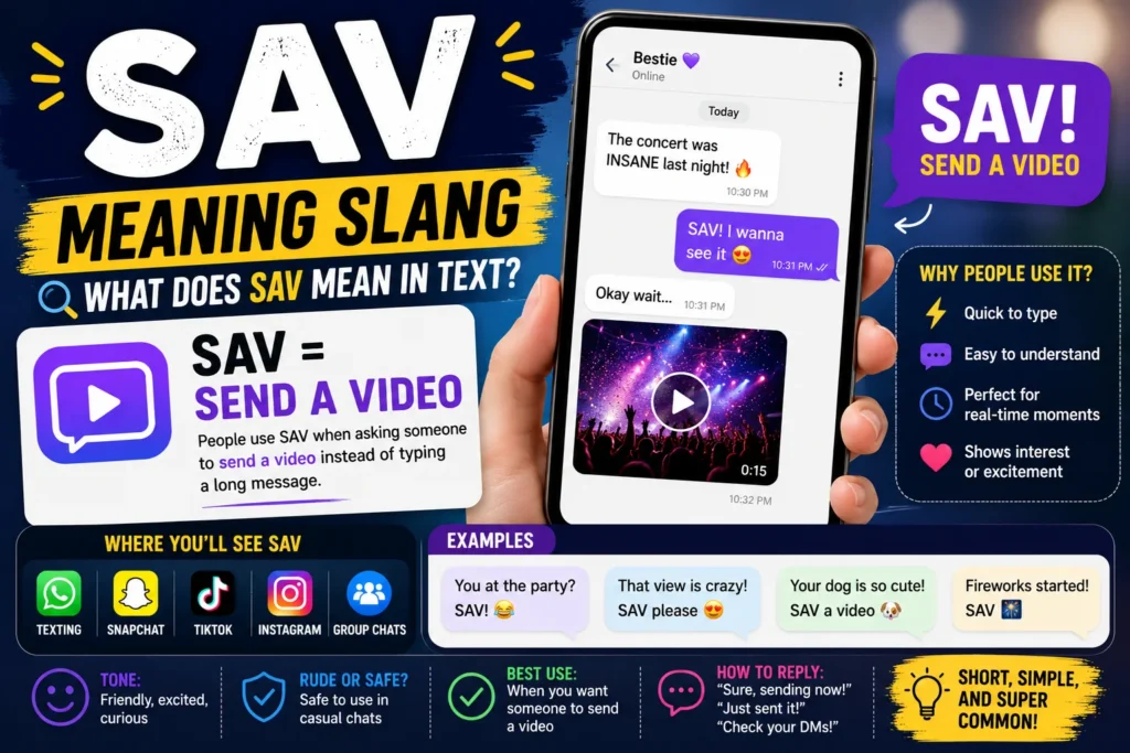 "Educational infographic about the slang term SAV, showing a smartphone with a text conversation where someone asks for a video, along with an explanation that SAV means 'Send A Video' and examples of how it is used in texting and social media."