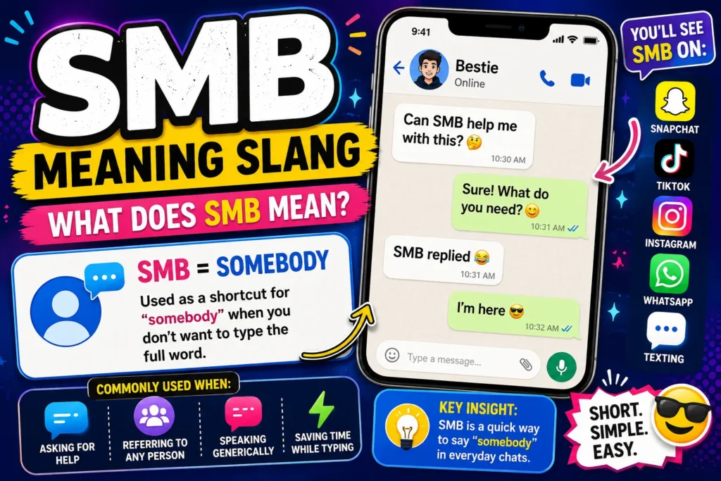 SMB meaning slang infographic showing a smartphone chat conversation explaining that SMB stands for “somebody,” with examples of texting usage on Snapchat, TikTok, Instagram, WhatsApp, and social media platforms.