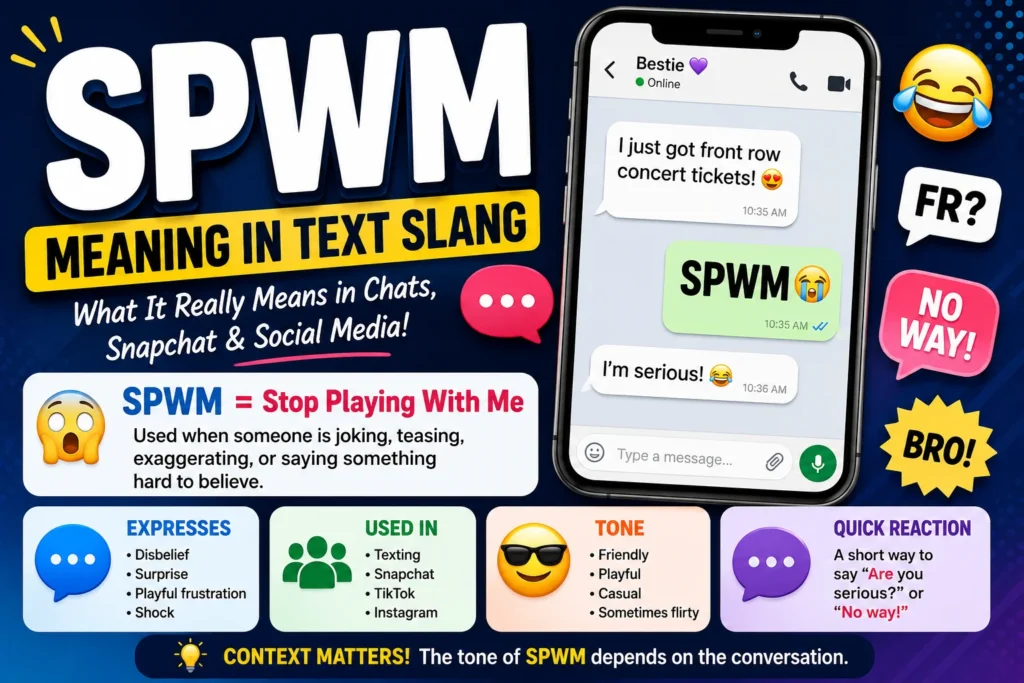 Featured image explaining SPWM meaning in text slang, featuring a smartphone chat conversation where “SPWM” is used in response to exciting news. The design highlights that SPWM stands for “Stop Playing With Me,” with colorful speech bubbles, emojis, and social media-inspired graphics representing texting, Snapchat, TikTok, and Instagram conversations.