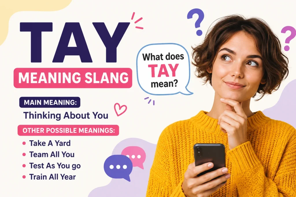 Featured image explaining TAY meaning in slang, showing a young woman thoughtfully looking at her phone with the keyword TAY, its primary meaning 'Thinking About You,' and other possible context-based meanings for texting and social media.