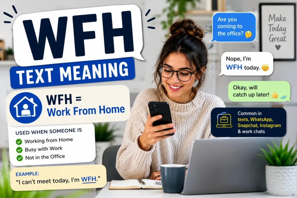 "WFH text meaning infographic showing a remote worker using a smartphone and laptop at home, explaining that WFH stands for Work From Home with text message examples and social media usage."